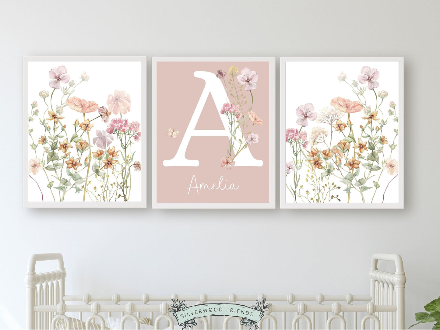 Our gorgeous custom wildflower nursery name prints with watercolour butterflies are part of our BEST SELLING wildflower collection, and are perfect as a custom nursery print set for your new baby or as a unique baby shower gift.