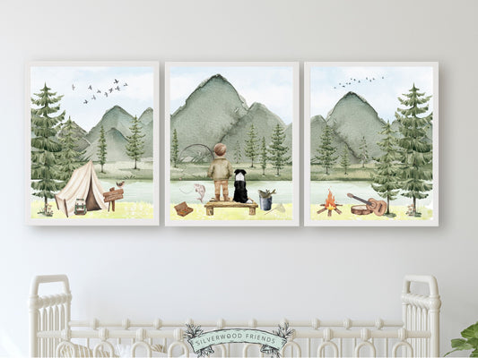 Our adorable watercolour Fishing Nursery Prints featuring a little boy and his dog fishing and camping by a river and woodland forest, are the perfect addition to your babys woodland nursery decor and also make a lovely boys baby shower gift.