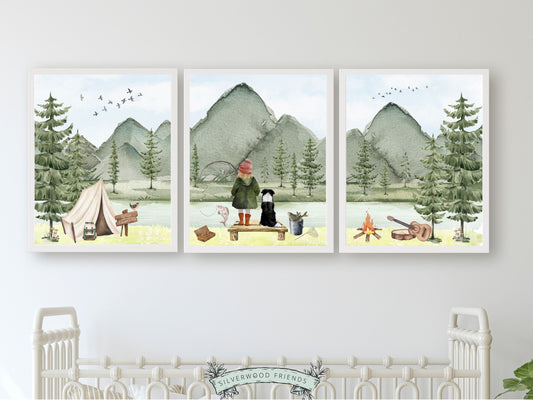 Our adorable watercolour  Girl's Fishing Nursery Prints featuring a little girl and her dog fishing and camping by a river and woodland forest, are the perfect addition to your babys woodland nursery decor and also makes a lovely baby shower gift.