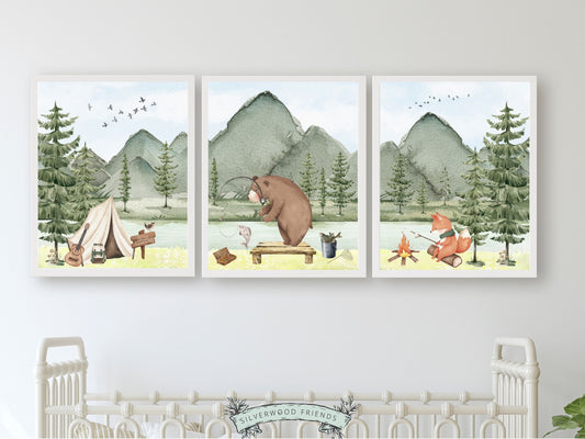 Our adorable Camping Animals Nursery Prints are the perfect addition to your babys woodland nursery decor and also make a lovely woodland baby shower gift.