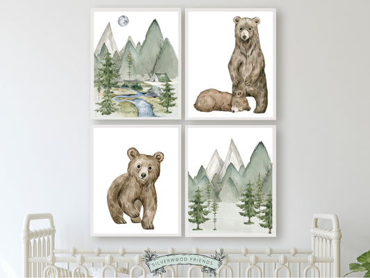 Set of 4 Baby Bear Nursery Prints featuring baby bears and woodland forest and mountain landscapes is the perfect addition to your woodland nursery decor or nature themed nursery and part of our ORIGINAL and BEST SELLING Baby Bear Nursery Prints Collection.