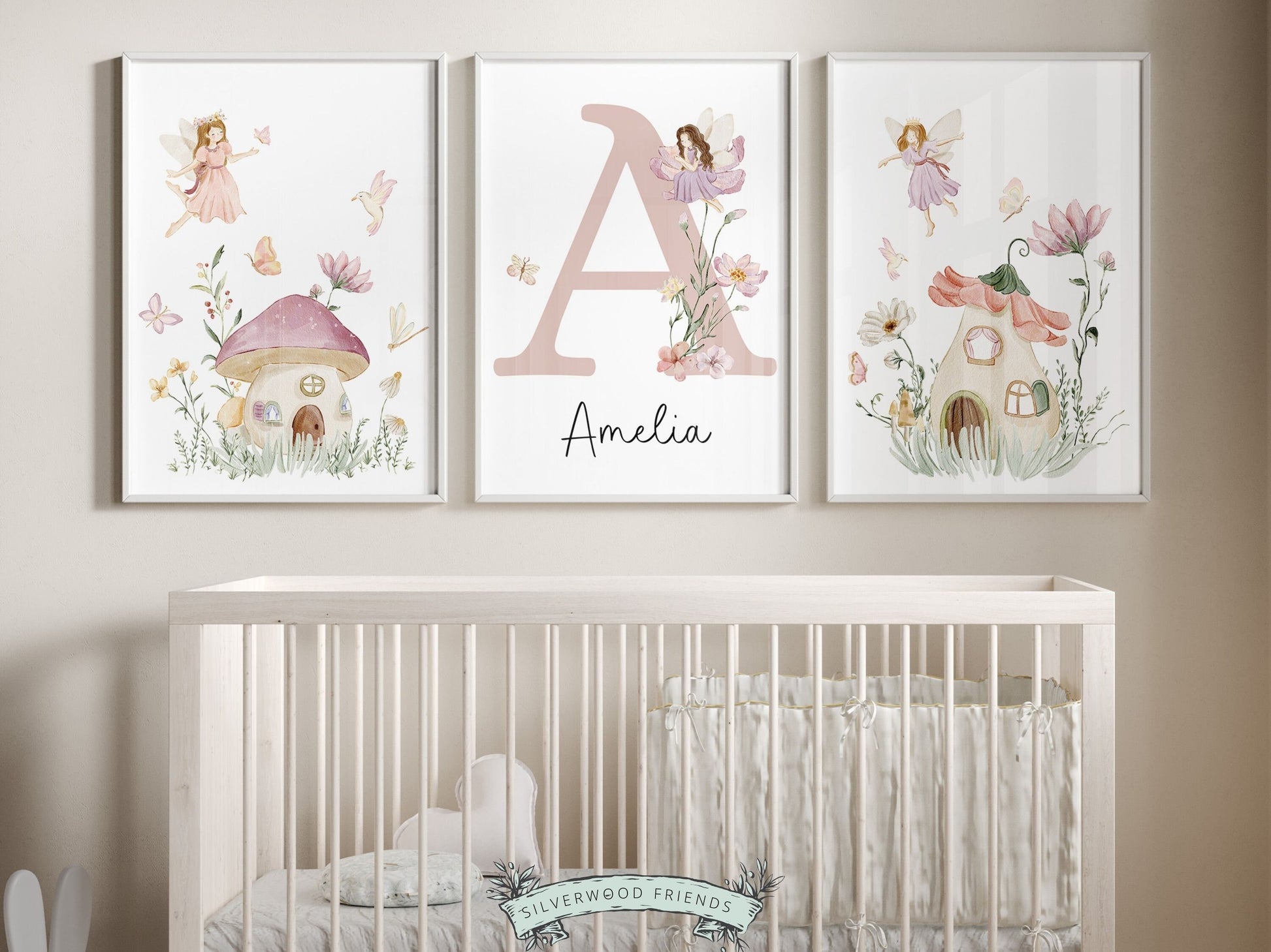 Set of 3 custom Wildflower Fairy Nursery Prints with watercolor fairies, fairy house, wildflowers and butterflies, are perfect as a custom nursery name print set for your new baby girl or as an adorable baby shower gift that will be cherished.