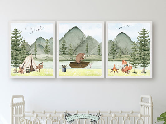 Our adorable Woodland Fishing Nursery Prints are the perfect addition to your babys woodland nursery decor and also make a lovely woodland baby shower gift.