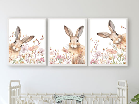 Our gorgeous Bunny Wildflower Nursery Prints with watercolour bunny rabbits and wildflowers, are perfect for your baby girl's wildflower nursery decor and also makes an adorable baby girl baby shower gift.