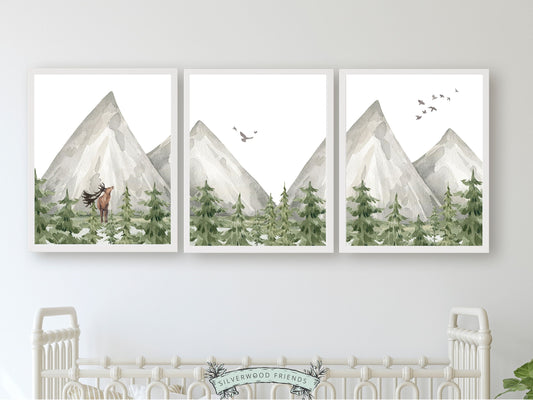 Set of 3 watercolour mountain prints, featuring watercolour mountain and woodland forest landscape. Its ideal for adding a touch of natural beauty to your mountain nursery or creating a captivating atmosphere in your home and also makes a unique baby shower gift.