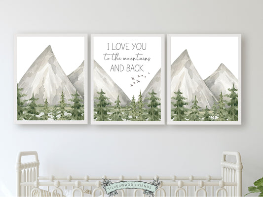 Set of 3 watercolour mountain prints, featuring the quote I love you to the mountains and back set against a mountain and woodland forest landscape.