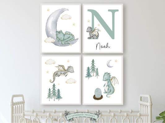 Custom Baby Dragon Nursery Name Prints Set of 4 with watercolor dragons, moon, clouds, and woodland forest trees, is perfect for your dragon nursery decor or fantasy theme nursery and also makes a unique gender neutral baby shower gift.