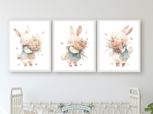 Easter decor with our enchanting Bunny Nursery Prints, showcasing delicate watercolour bunny rabbits, wildflowers, and butterflies. Ideal for creating a charming ambiance in your little girl's wildflower themed nursery or as a delightful Easter or baby shower gift for babies and toddlers.