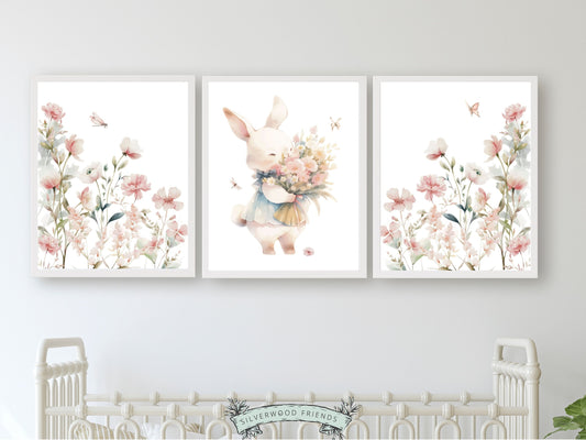 Bunny Nursery Prints, adorned with delicate bunny rabbit, wildflowers, and butterflies. Perfect for crafting a delightful ambiance in your little girl's wildflower nursery or as a charming Easter or baby shower gift for infants and toddlers.