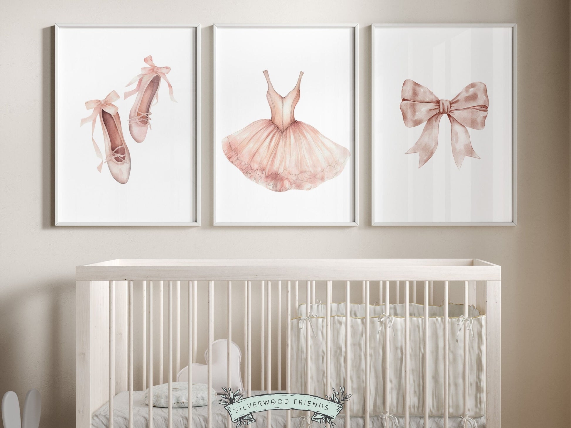 Our Set of 3 Ballet Prints, capture the magic of the ballet with our sweet watercolor ballet shoes, bow and tutu. Adorn her special space with these whimsical prints. Perfect for your ballet nursery decor or as a unique baby girls baby shower gift.