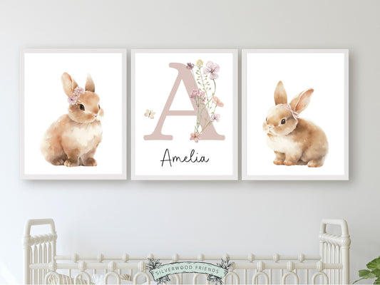 Our gorgeous custom Bunny Nursery Prints with watercolour baby bunny rabbits, wildflower's and butterfly, is perfect for your baby girl's wildflower nursery decor or floral bedroom and also makes an adorable baby girl baby shower gift.