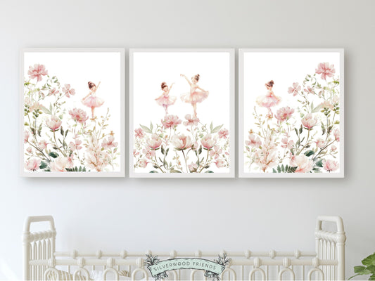 Set of 3 Ballet Nursery Prints, showcasing delicate ballerinas dancing on flower petals amidst watercolour wildflowers. Perfect for ballet themed or wildflower inspired decor, these prints make an adorable baby shower gift inspiring dreams of graceful twirls.