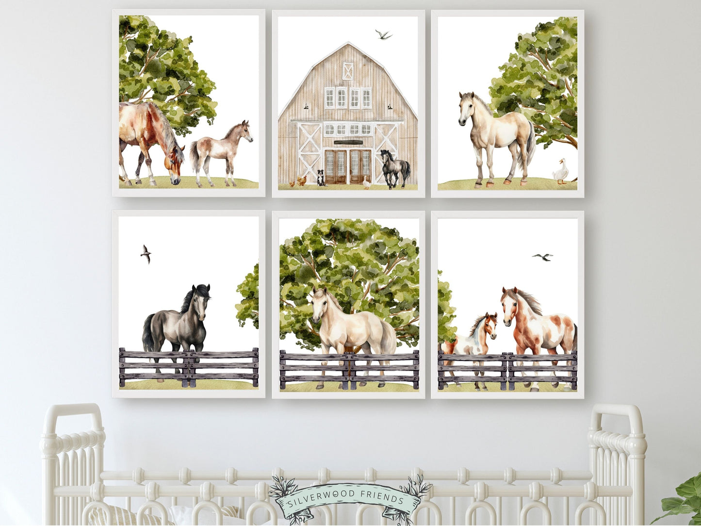 Set of 6 Horse Prints showcasing stunning watercolor horses in a serene farm scene with a barn and charming farm animals. Perfect for your farm nursery decor, as a lovely baby shower gift, or as a unique wall display for horse lovers.