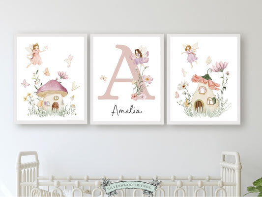 ustom Wildflower Fairy Nursery Prints with watercolour fairies, fairy house, wildflowers and butterflies, are perfect as a custom nursery name print set for your new baby girl or as an adorable baby shower gift that will be cherished.