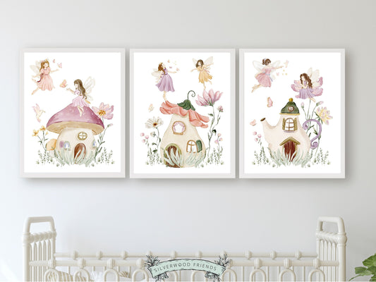 Our gorgeous Wildflower Fairy Nursery Prints with watercolour fairies, fairy houses, butterflies and wildflowers is perfect for your baby girl's wildflower nursery decor or fairy nursery and also makes a lovely baby girl baby shower gift that will be adored.