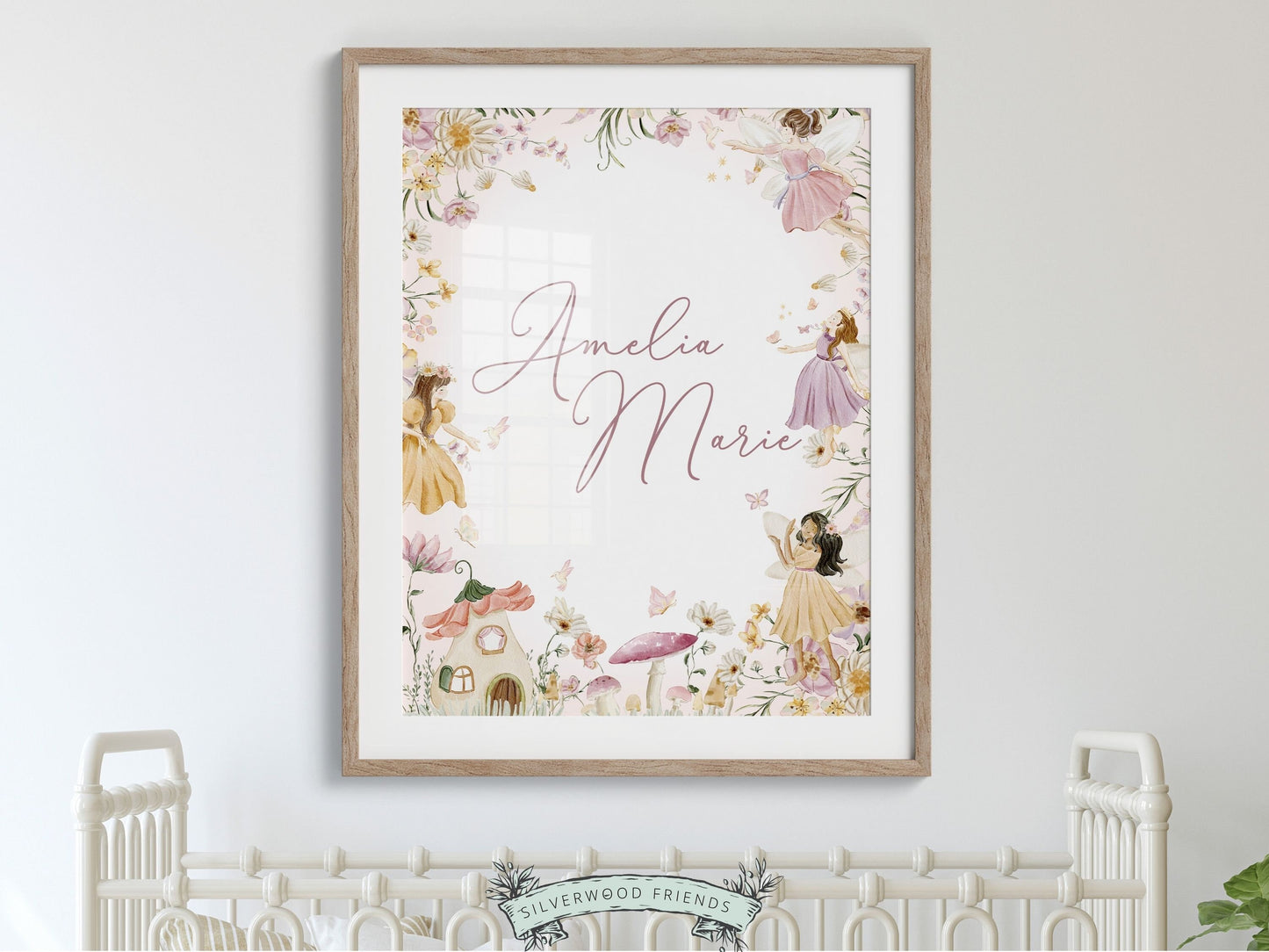 Custom wildflower fairy nursery name print with watercolor wildflowers, butterflies and fairys with a purple custom name, is perfect as a custom nursery print set for your new baby girl or as a thoughtful and unique baby shower gift.