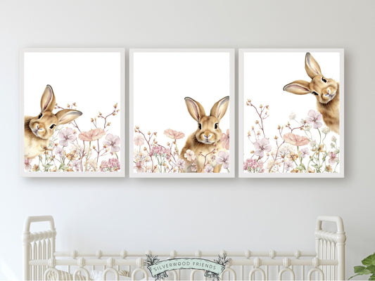 Our gorgeous Bunny Wildflower Nursery Prints with watercolour bunny rabbits and wildflowers, are perfect for your little girls wildflower nursery decor and also makes an adorable baby shower gift.