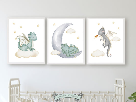 Set of 3 Baby Dragon Nursery Prints featuring watercolour baby dragons, will spark their imagination and create a calm and cosy atmosphere. Its perfect for your dragon nursery decor or fantasy theme nursery and also makes an adorable gender neutral dragon baby shower gift.