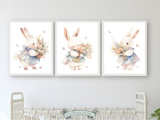 Bunny Nursery Prints, featuring delicate bunny rabbits, wildflowers, and butterflies. Ideal for creating a delightful atmosphere in your little girl's wildflower themed nursery or as a delightful Easter or baby shower gift for babies and toddlers.