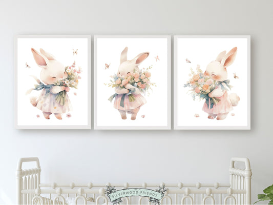 Bunny Nursery Prints, featuring delicate bunny rabbits, wildflowers, and butterflies. Ideal for creating a delightful atmosphere in your little girl's wildflower themed nursery or as a delightful Easter or baby shower gift for babies and toddlers.