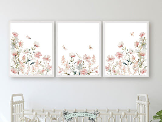 Our gorgeous Wildflower Nursery Prints with watercolour wildflower meadow flowers, butterflies and dragonflies is perfect for your wildflower nursery decor or boho nursery and also makes a unique baby shower gift.