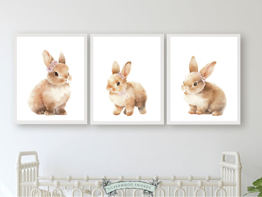 Our gorgeous Bunny Nursery Prints with watercolour baby bunny rabbits with floral crowns and bows, are perfect for your baby girl's nursery decor and also makes a unique baby girl baby shower gift.