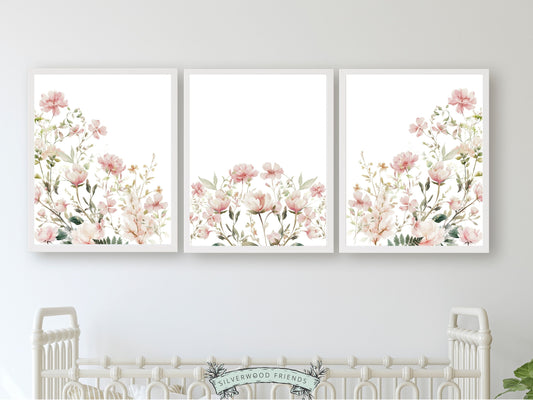 Our gorgeous Wildflower Nursery Prints with pink watercolour wildflower meadow flowers is perfect for your wildflower nursery decor or boho nursery and also makes a unique baby girl baby shower gift.