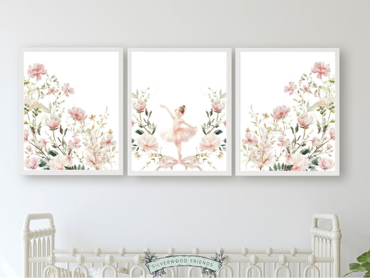 Set of 3 Ballet Nursery Prints, showcasing a delicate ballerina dancing amidst watercolour wildflowers. Perfect for ballet themed or wildflower inspired decor, these prints make an adorable baby shower gift inspiring dreams of graceful twirls.