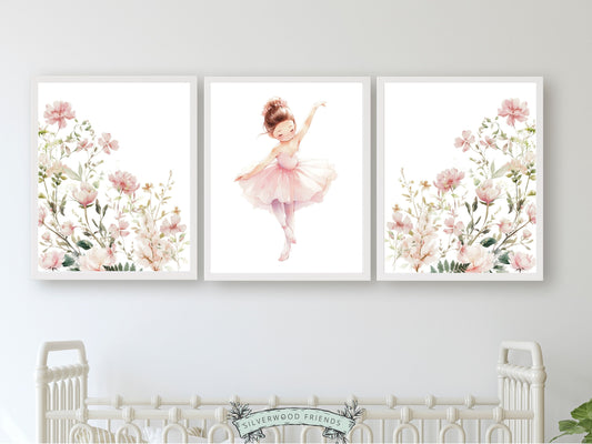 Set of 3 Ballet Nursery Prints, showcasing a ballerina dancing surrounded by watercolour wildflowers. Perfect for your ballet nursery or wildflower bedroom decor, these prints make an adorable baby shower gift