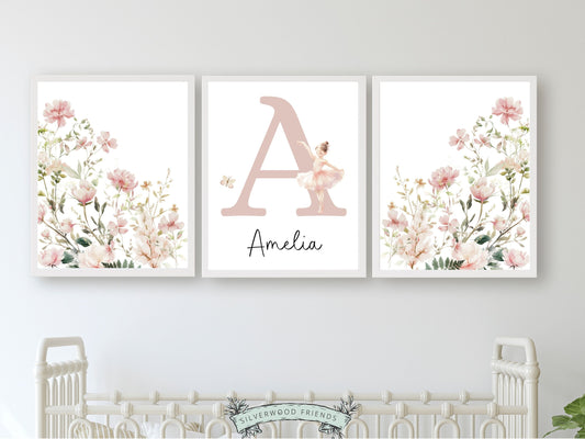 Our gorgeous custom wildflower ballet nursery name prints with watercolour wildflowers, ballerina and butterfly, is perfect as a custom nursery print set for your new baby or as a unique baby shower gift.