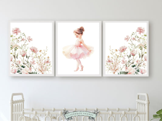 Set of 3 Ballet Prints featuring pink wildflowers and a little ballerina girl. Perfect for your ballet nursery decor or wildflower nursery and also make an adorable baby shower gift that captivates the magic of twirls and tiptoes.