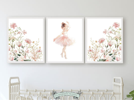 Set of 3 Ballet Prints featuring pink wildflowers and a little ballerina. Perfect for your ballet nursery decor or wildflower nursery and also make an adorable baby shower gift that captivates the magic of twirls and tiptoes.