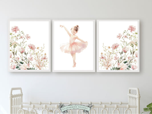 Set of 3 Ballet Prints featuring pink wildflowers and a little ballerina. Perfect for your ballet nursery decor or wildflower nursery and also make an adorable baby shower gift that captivates the magic of twirls and tiptoes.